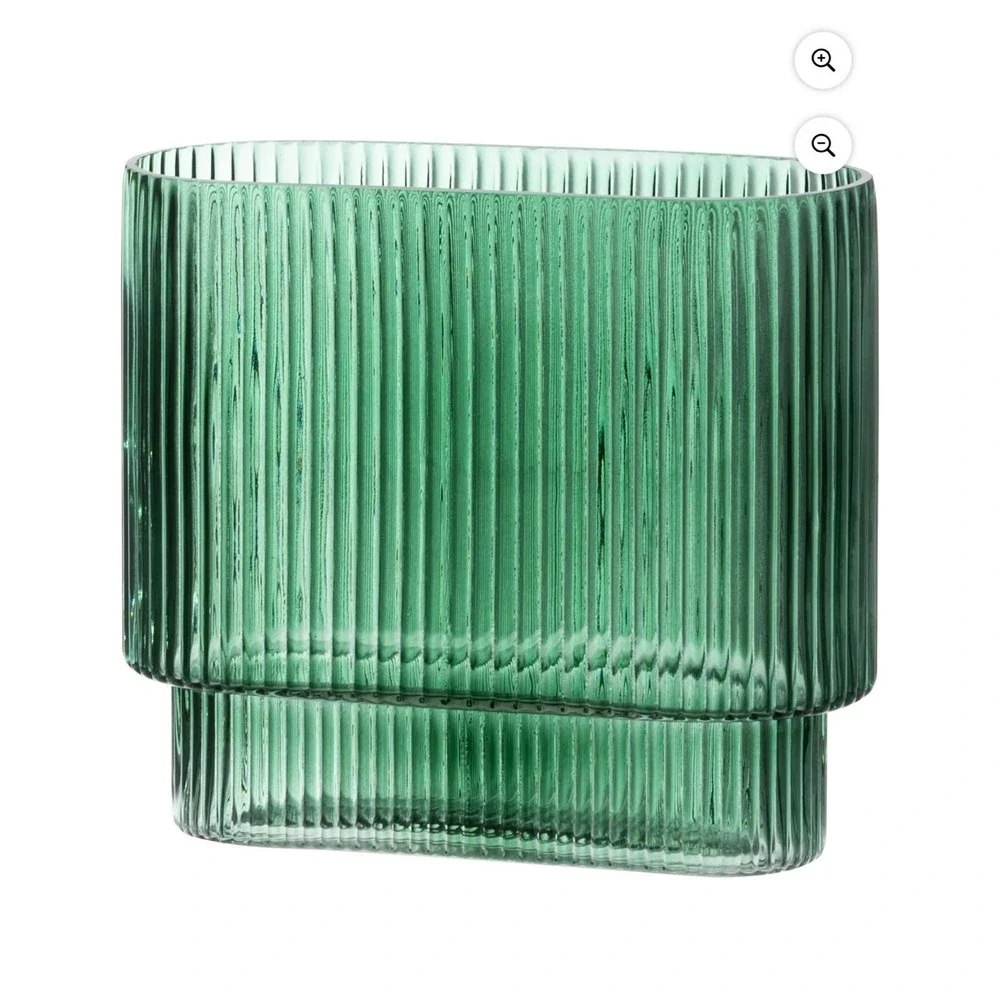 Green Ribbed Glass Vase Modern Tiered Rectangular Emerald Decorative Centerpiece